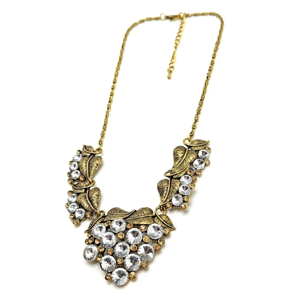 Clear Crystal Cluster Floral Bib Necklace Gold Tone Rivoli Rhinestone Statement